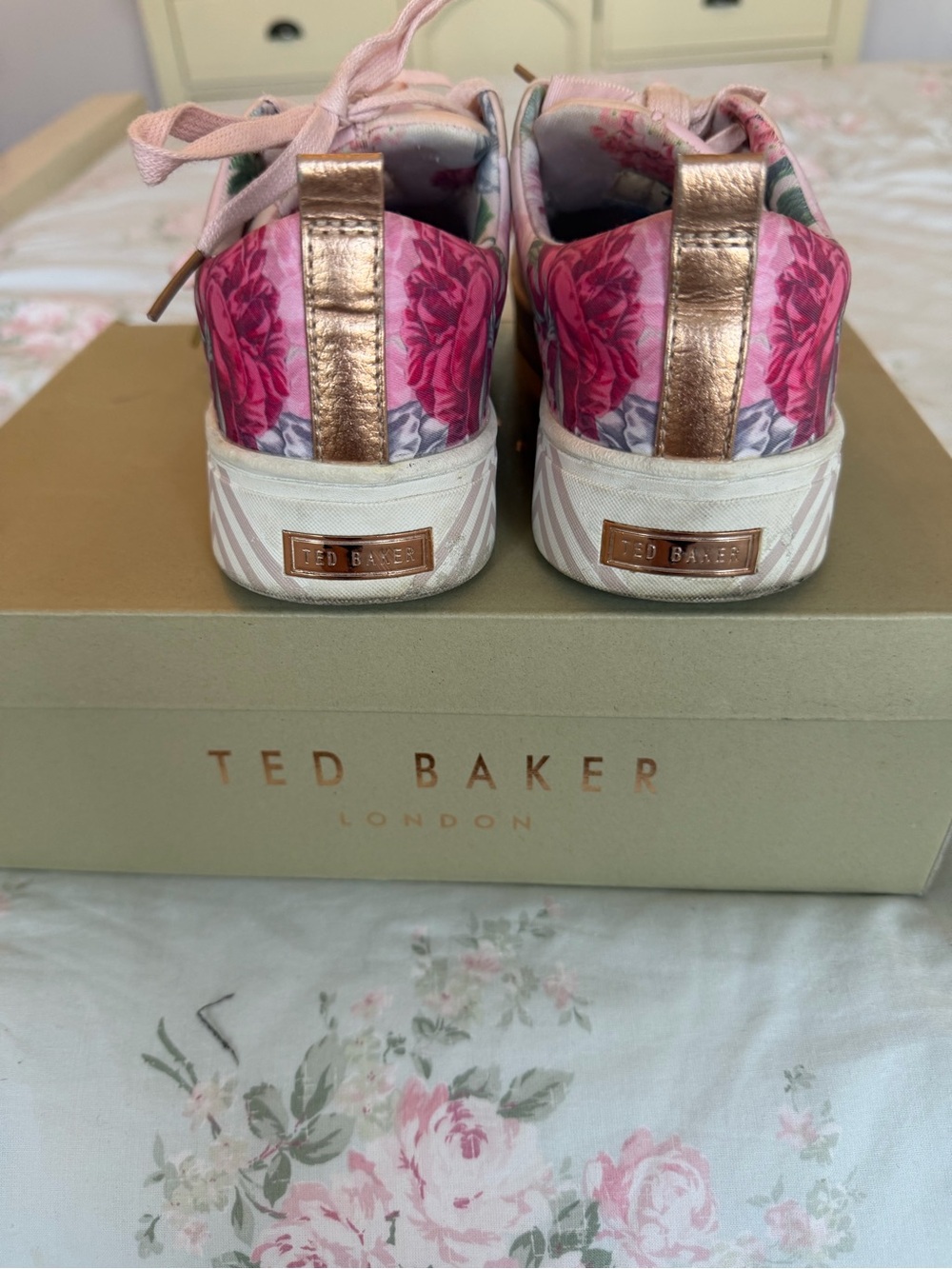 Ted Baker Pink Floral Ribbon Lace Sneakers - Picture 3 of 8